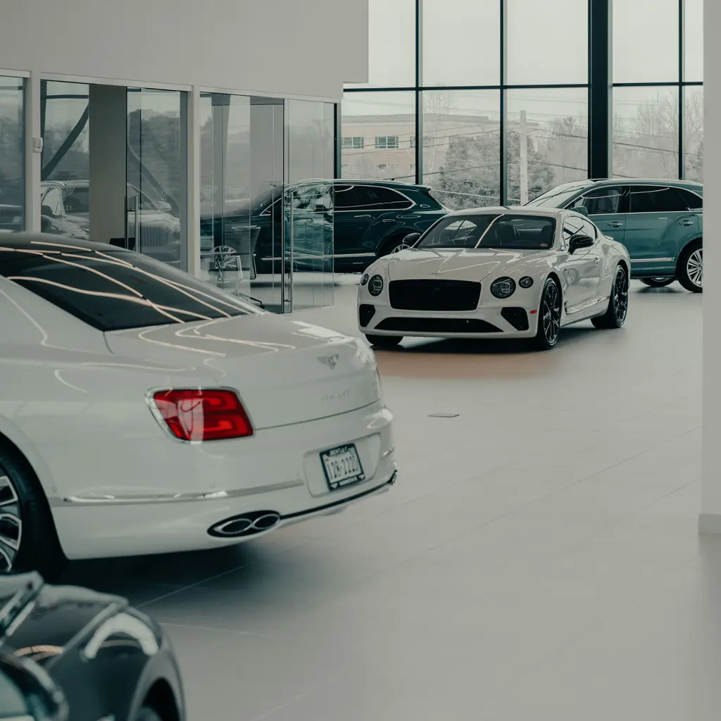 A white Bentley coupe and other luxury vehicles displayed inside a glass-walled showroom.