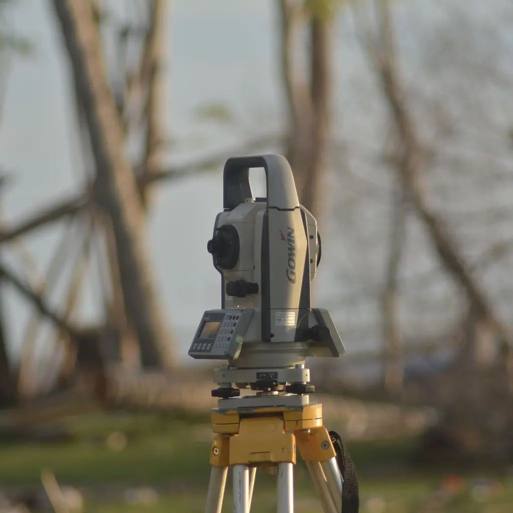 An electronic total station stands on a survey tripod outdoors.