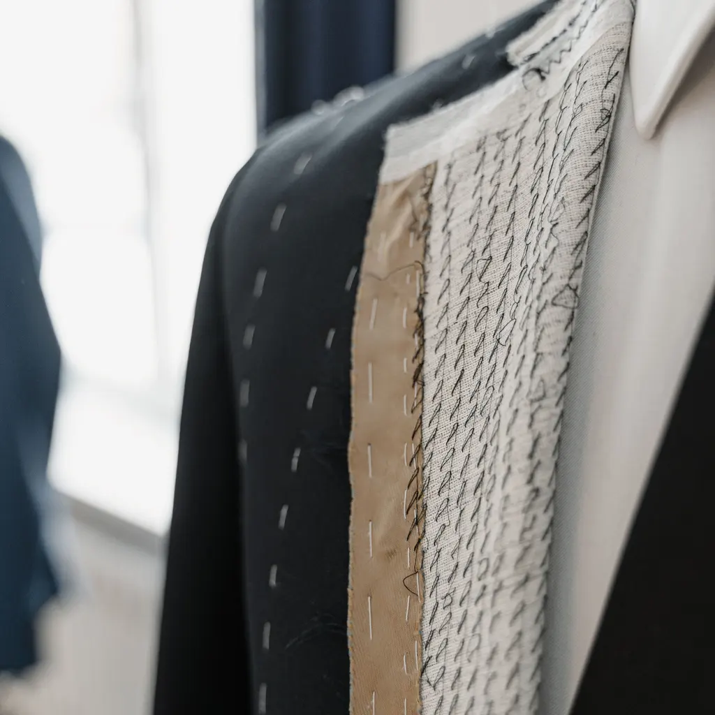 An unfinished suit jacket shows basting stitches and exposed inner fabric layers.