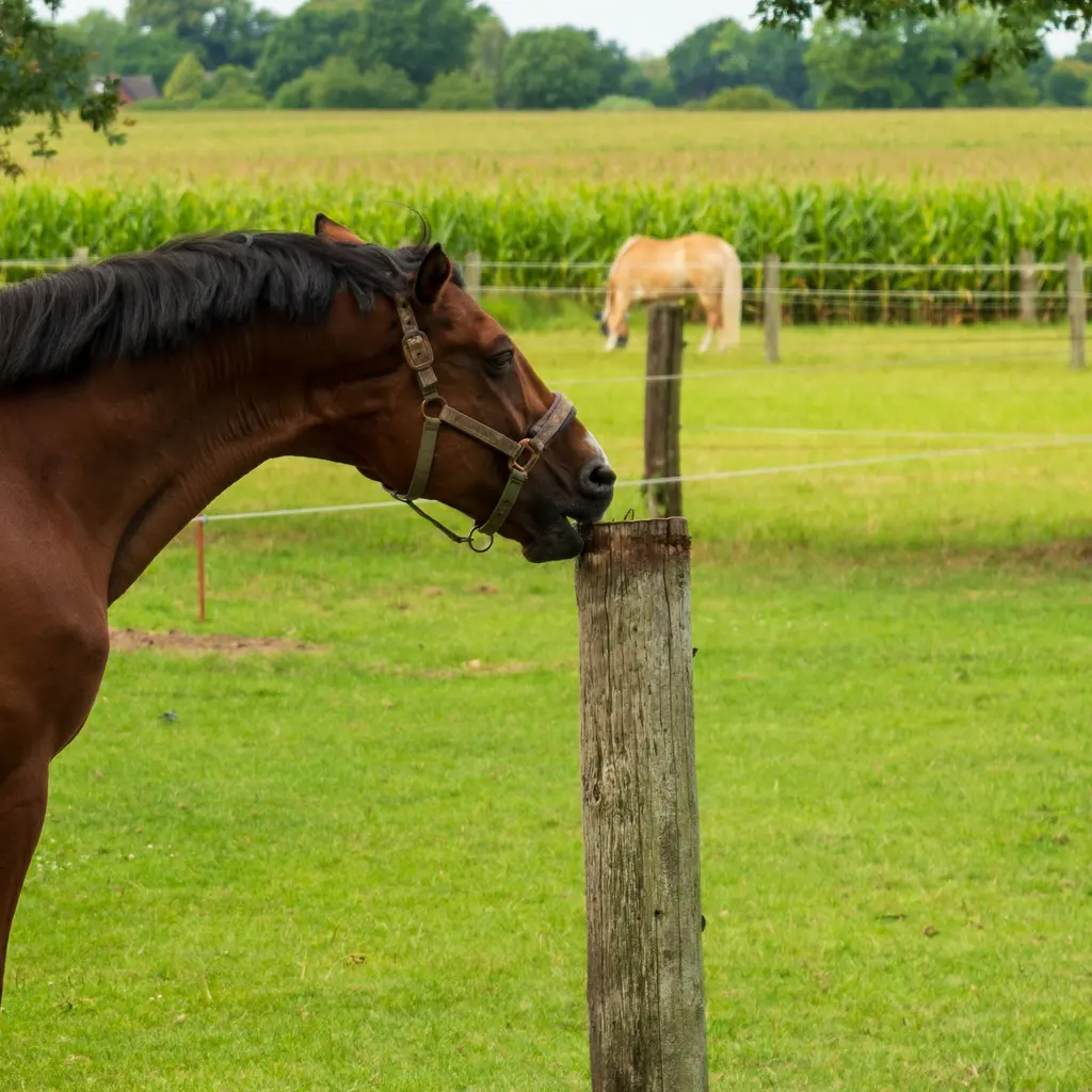 A brown horse wearing a halter beside a paddock fence post.