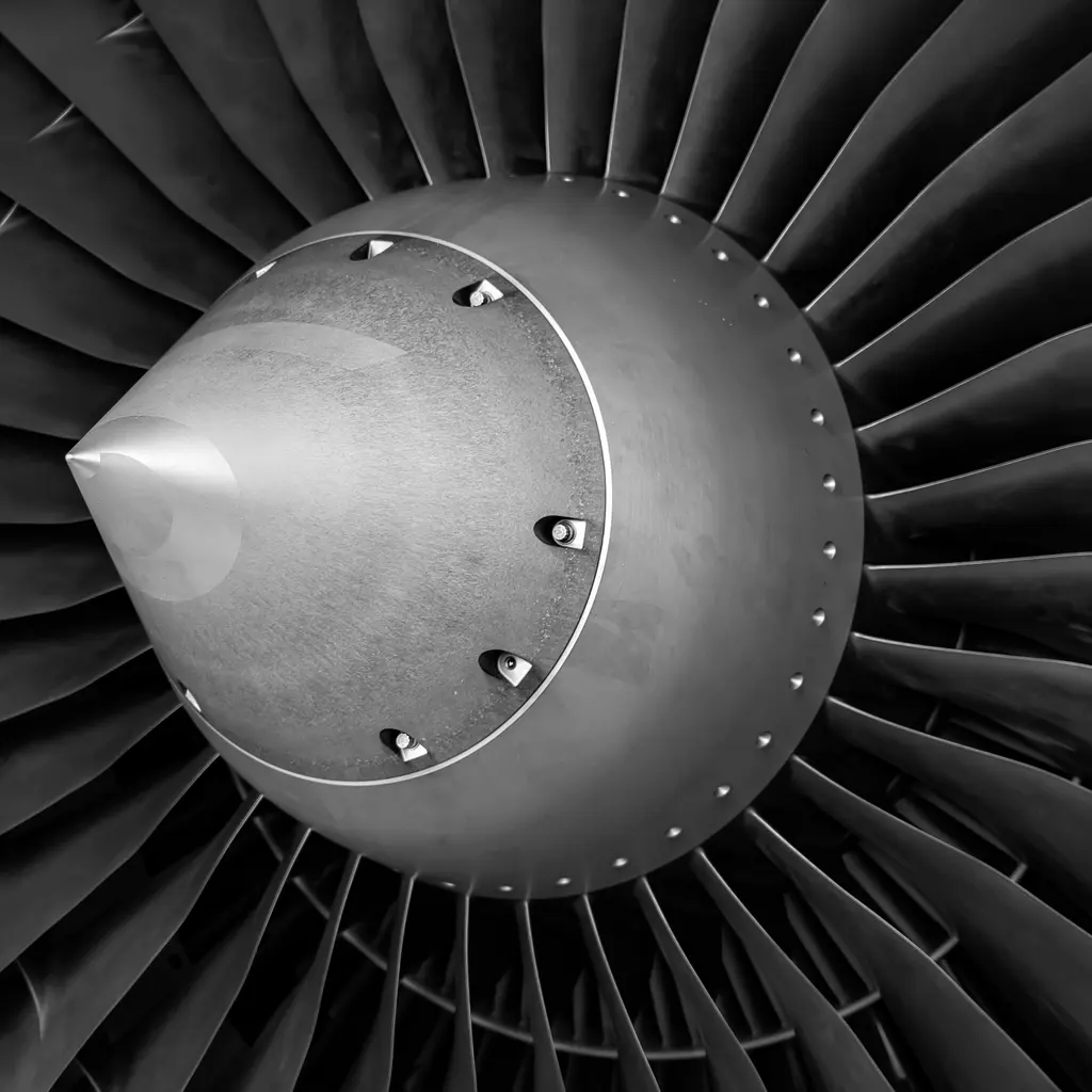 Close view of an aircraft engine's fan blades and central spinner.