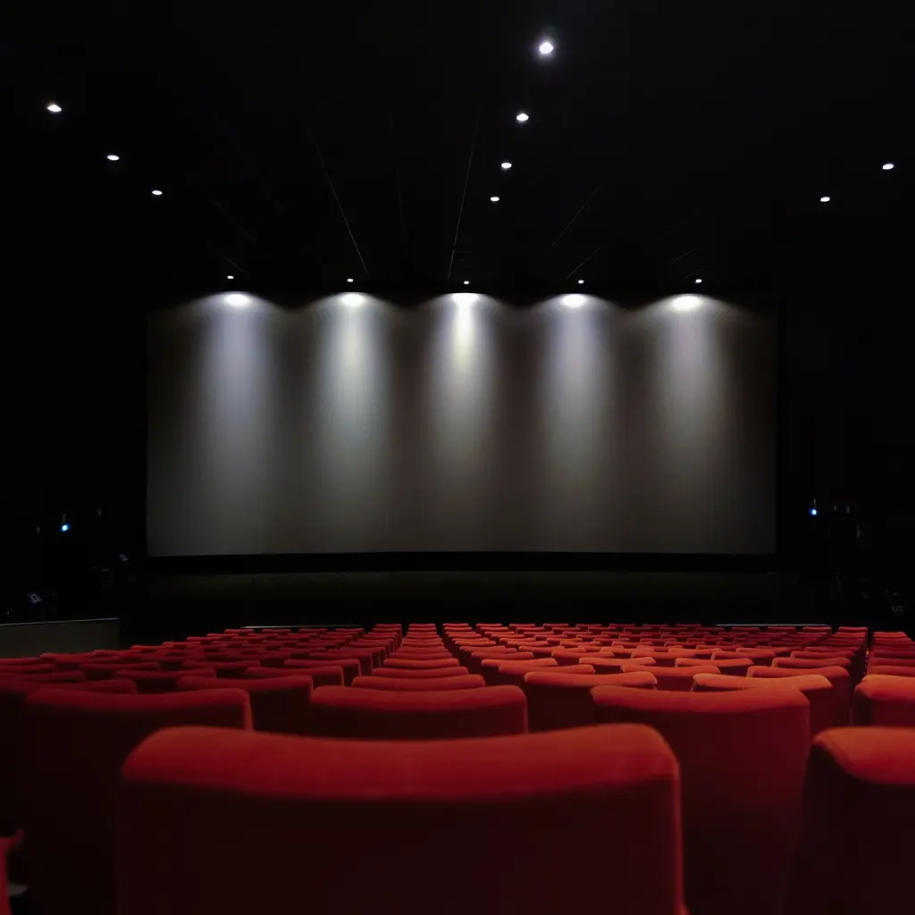 Rows of red seats facing a blank screen in an empty movie theater.