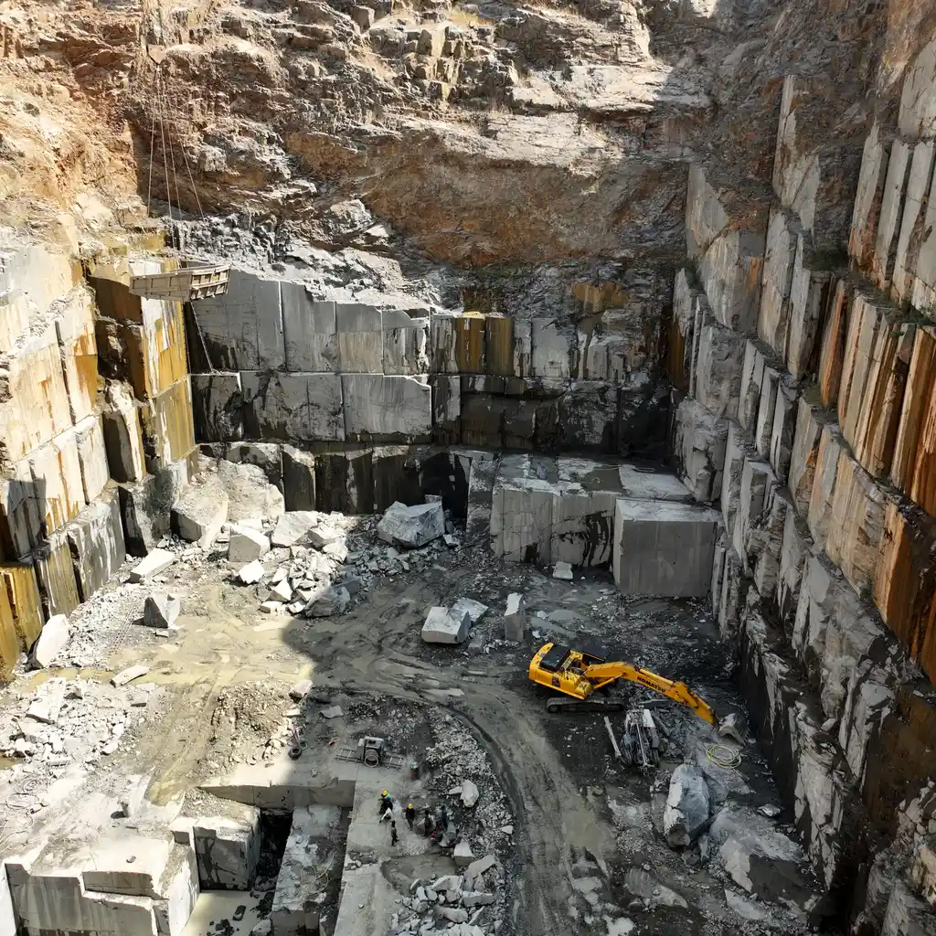 An excavator working among cut stone blocks at the bottom of a quarry.