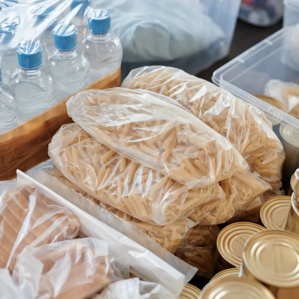 Bags of dry pasta, canned food and bottled water arranged with donation bins.