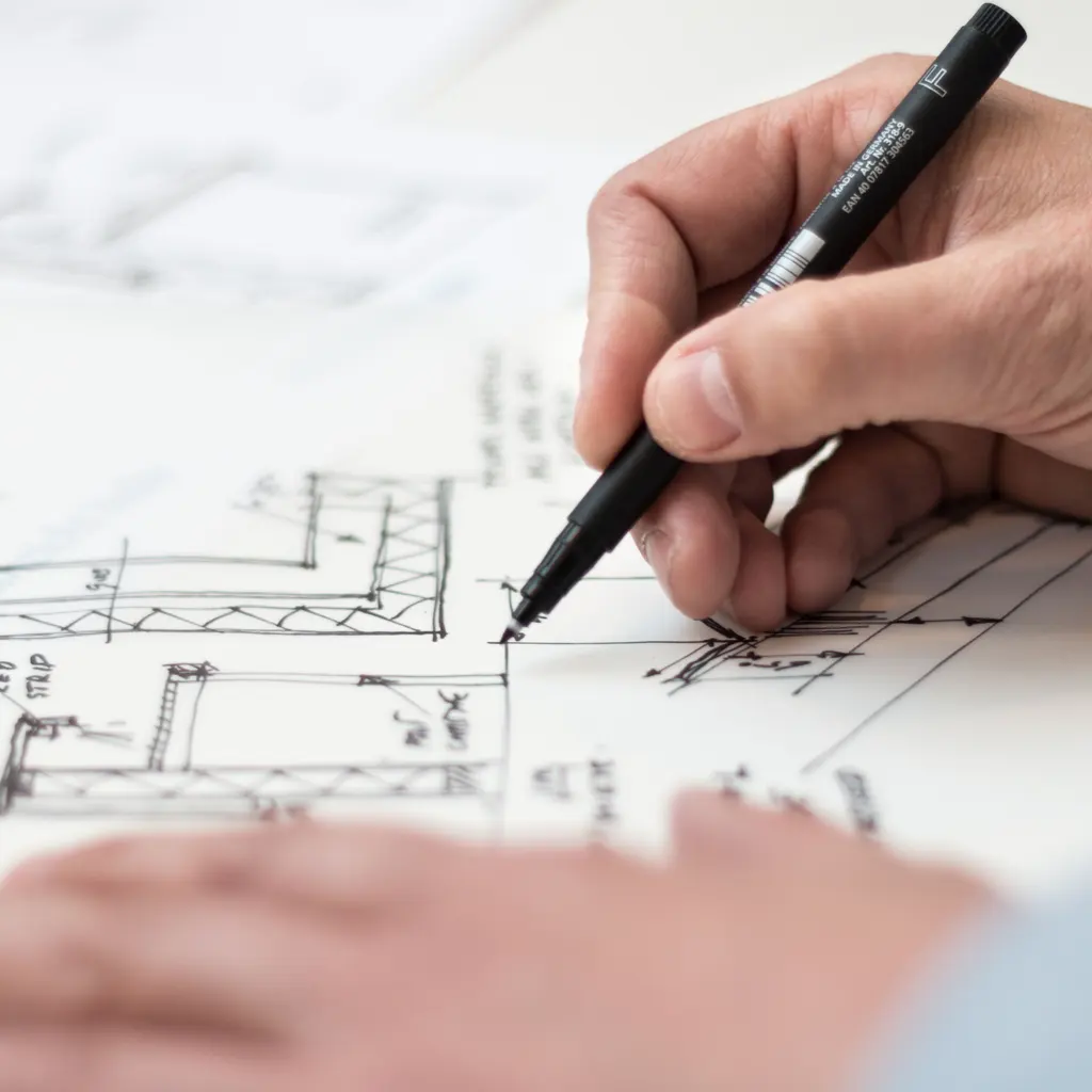 A hand drawing construction details on paper with a black pen.