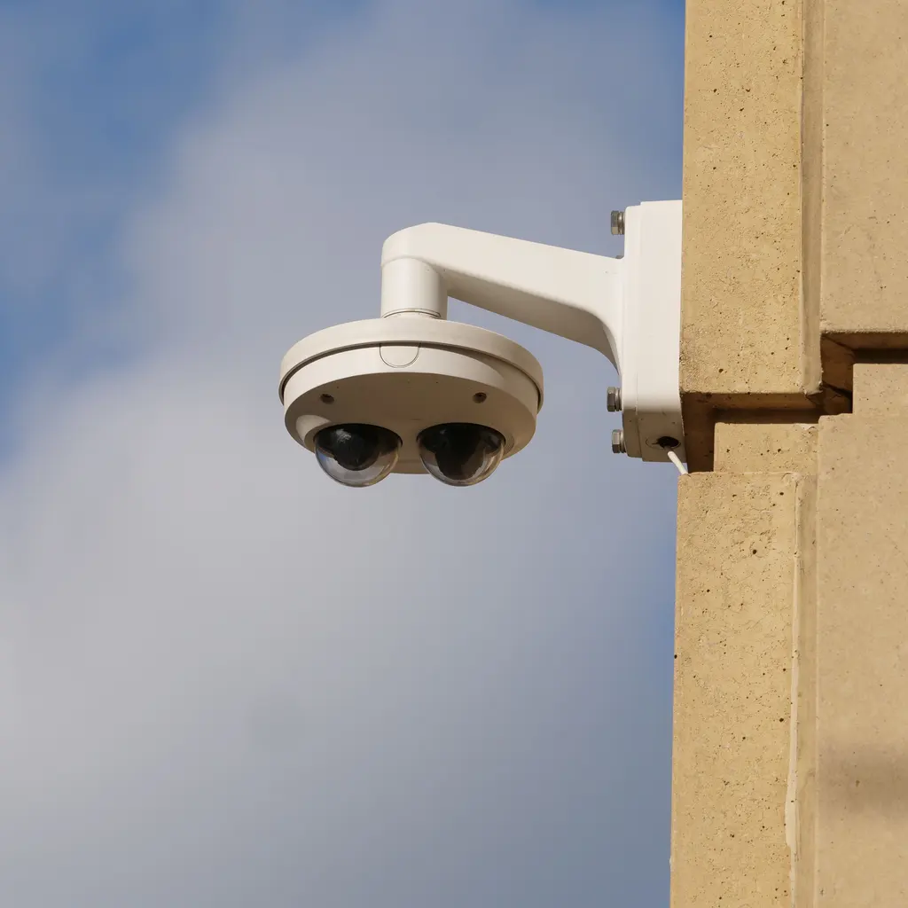 A multi-lens outdoor surveillance camera mounted on a building wall.