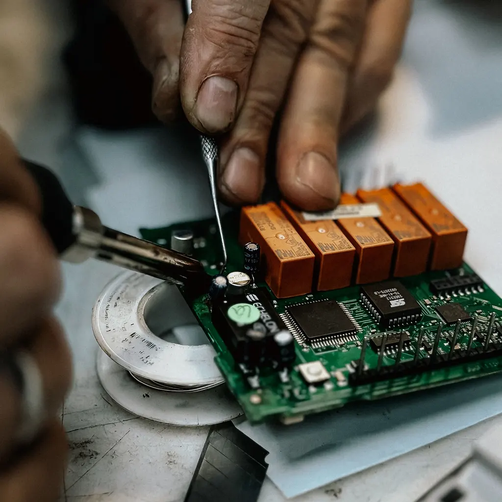 Hands working with a soldering iron on an electronic circuit board.