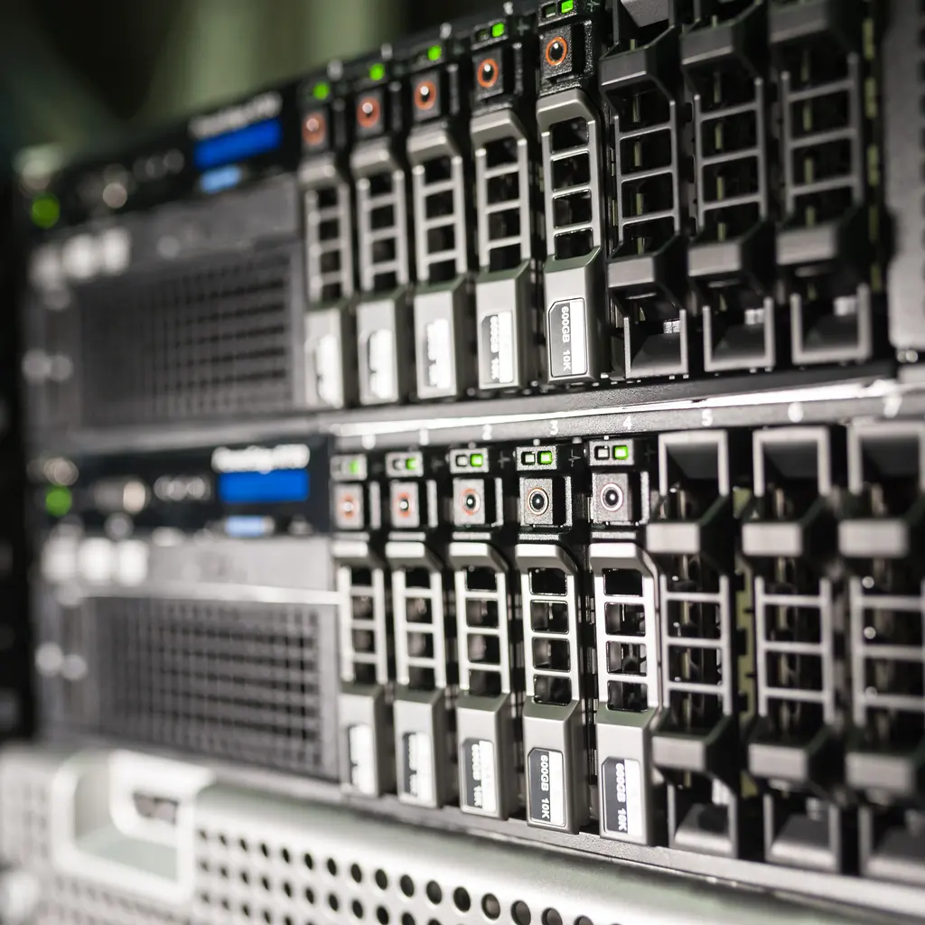 Rack-mounted servers with front-access drive bays and illuminated status indicators.