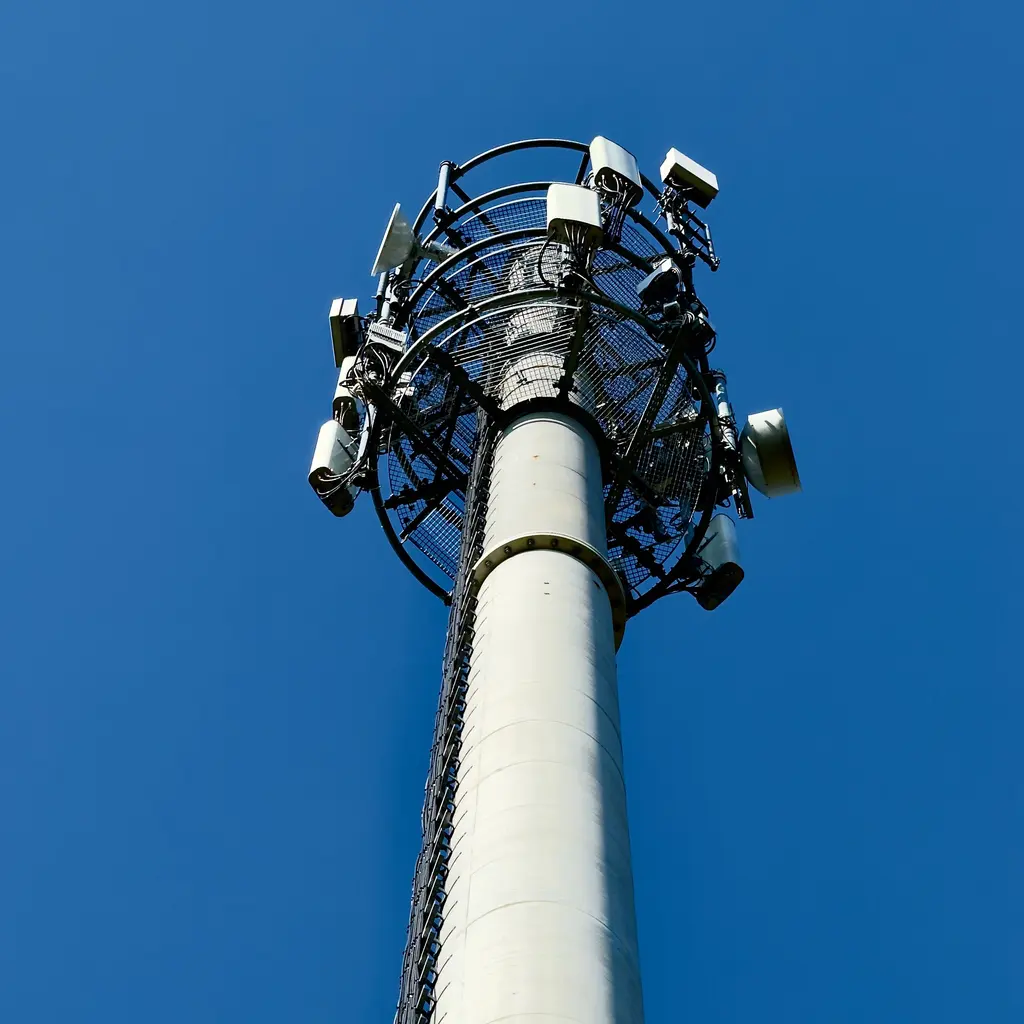 Cellular antennas and microwave dishes mounted on a monopole communications tower.