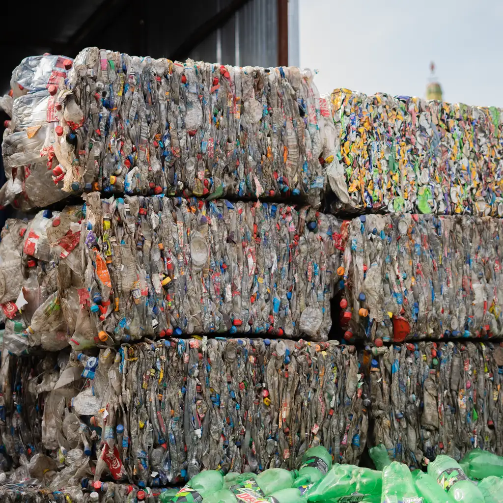 Compressed plastic-bottle bales stacked at a recycling facility.