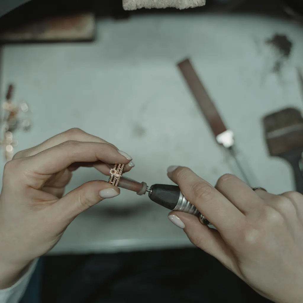 A jeweler uses a rotary polishing tool on a metal ring at a workbench.