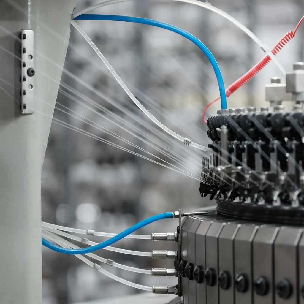 Fine yarns feed into the needle assembly of a circular knitting machine.