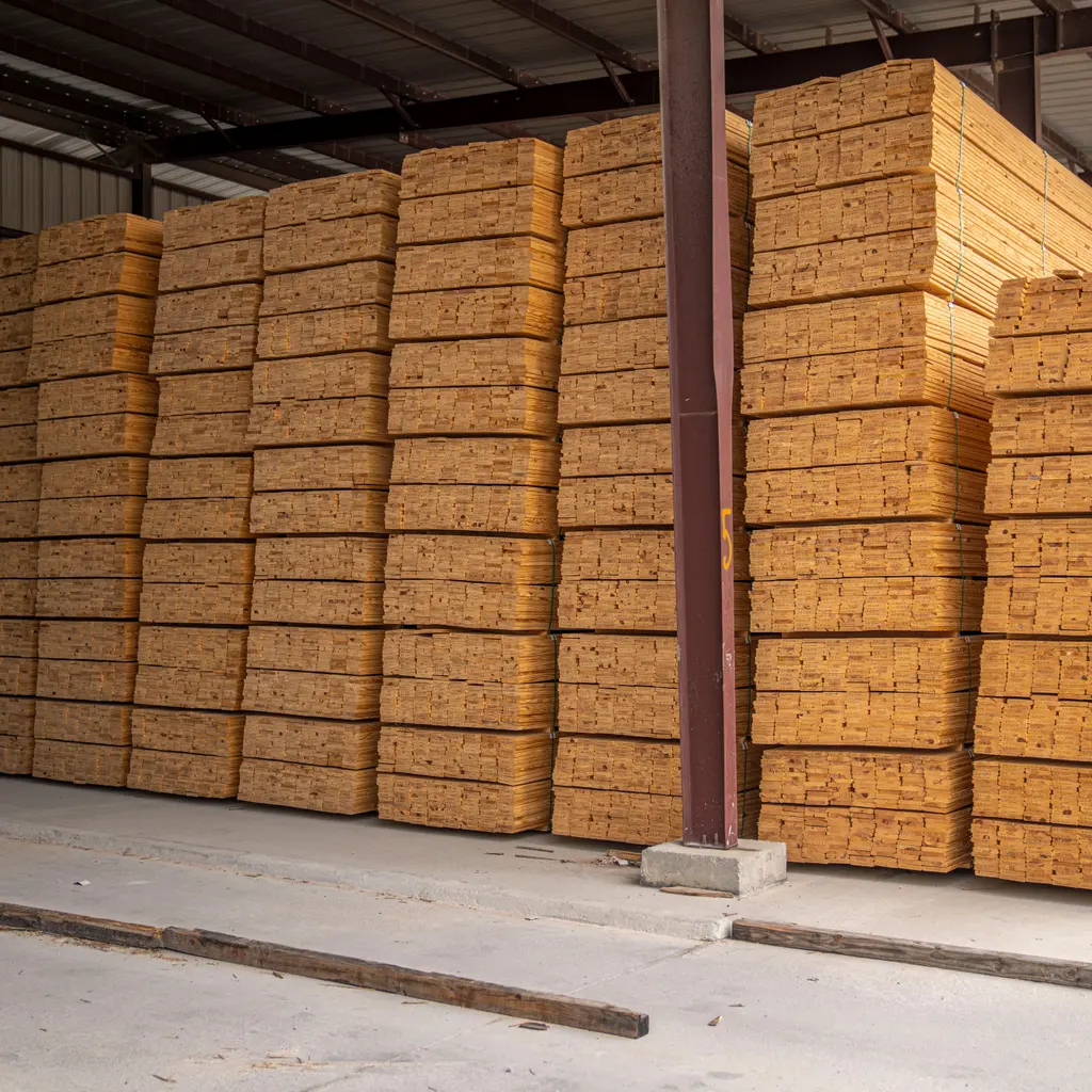 Banded bundles of sawn lumber stacked in a covered building-material storage bay.