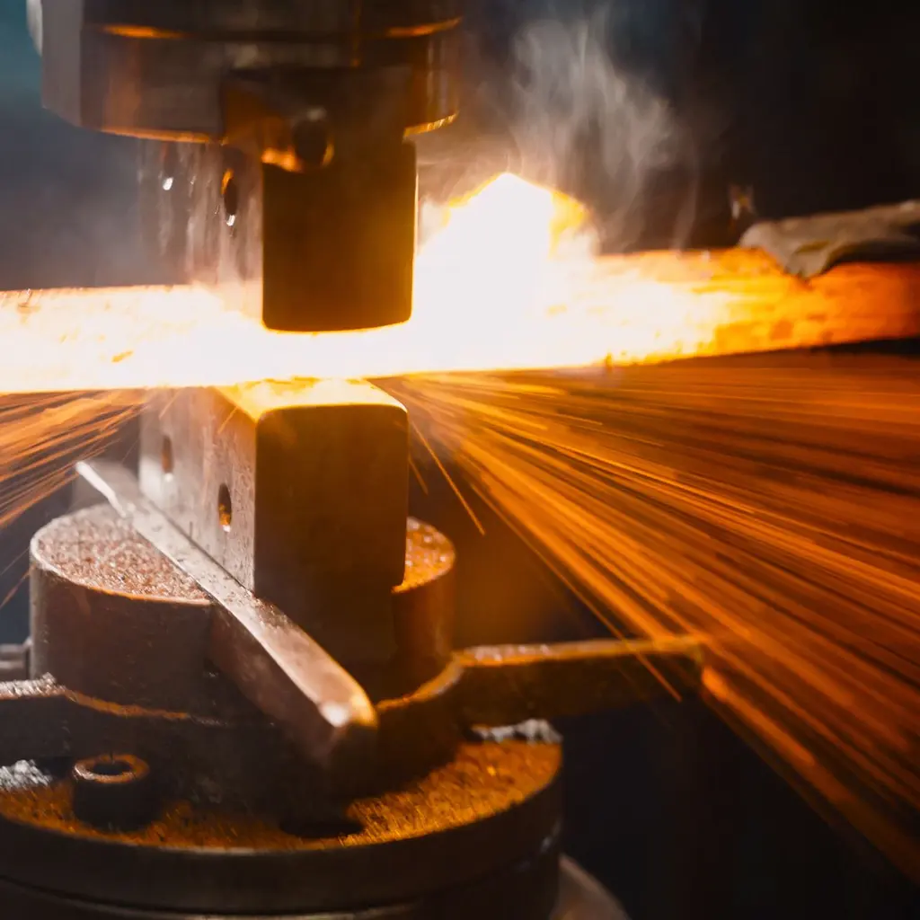 Heated metal stock sits between forging dies as sparks scatter from the working area.