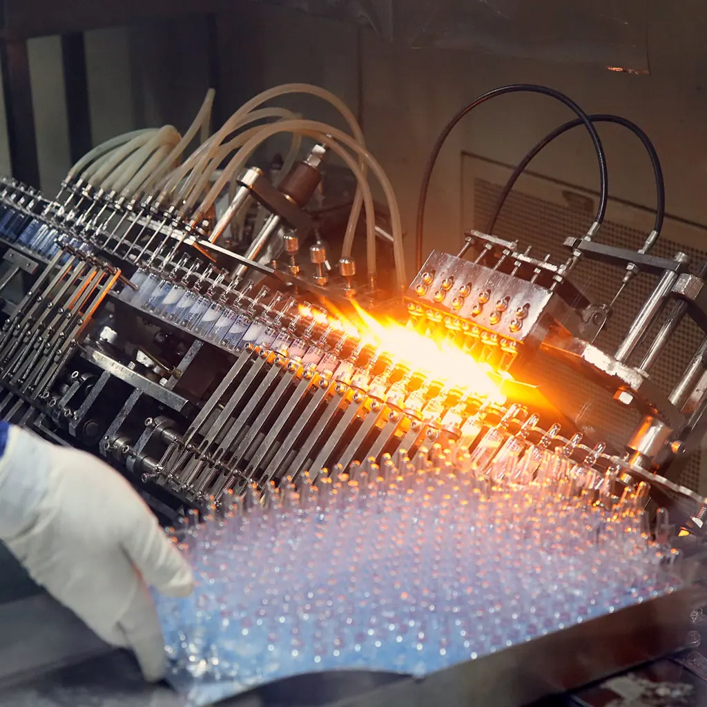 Glass ampoules line a pharmaceutical filling and flame-sealing machine.