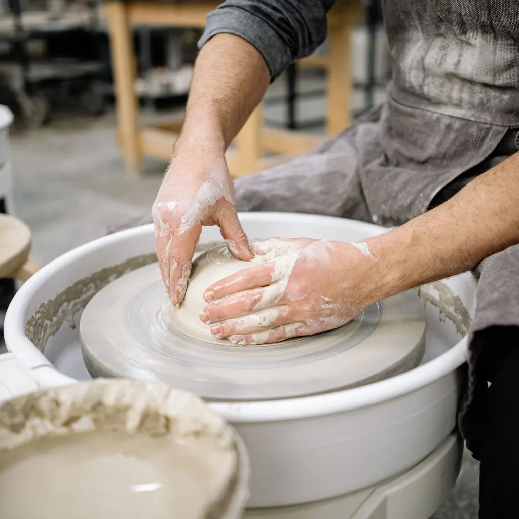 Clay-covered hands shape a vessel on a pottery wheel in a ceramics workshop.