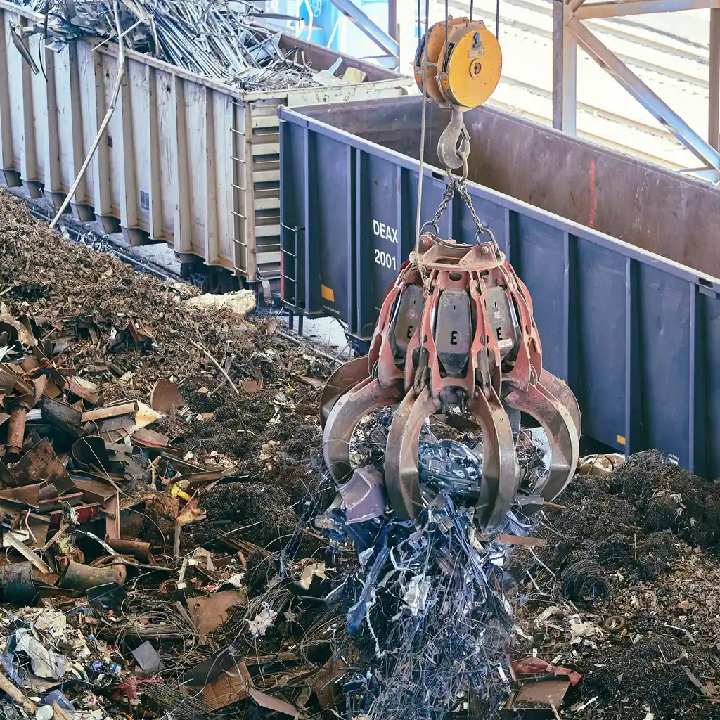 A grapple crane lifts loose metal scrap beside railcars at a recycling facility.