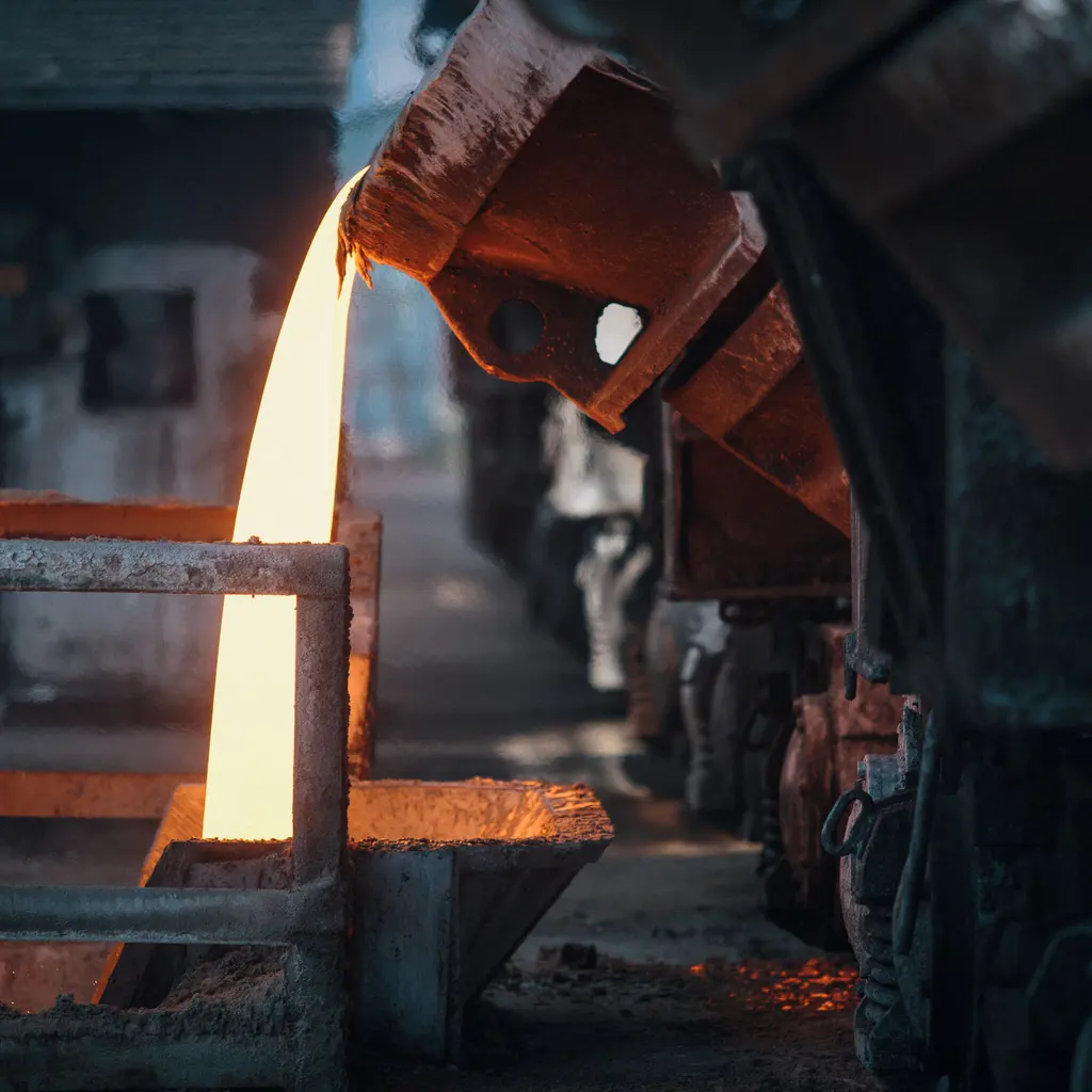 Molten metal pours from a tilted vessel into a receiving container inside a steelworks.
