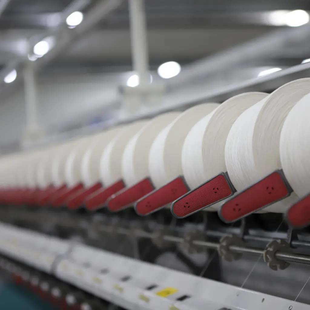 White thread packages line a textile machine.