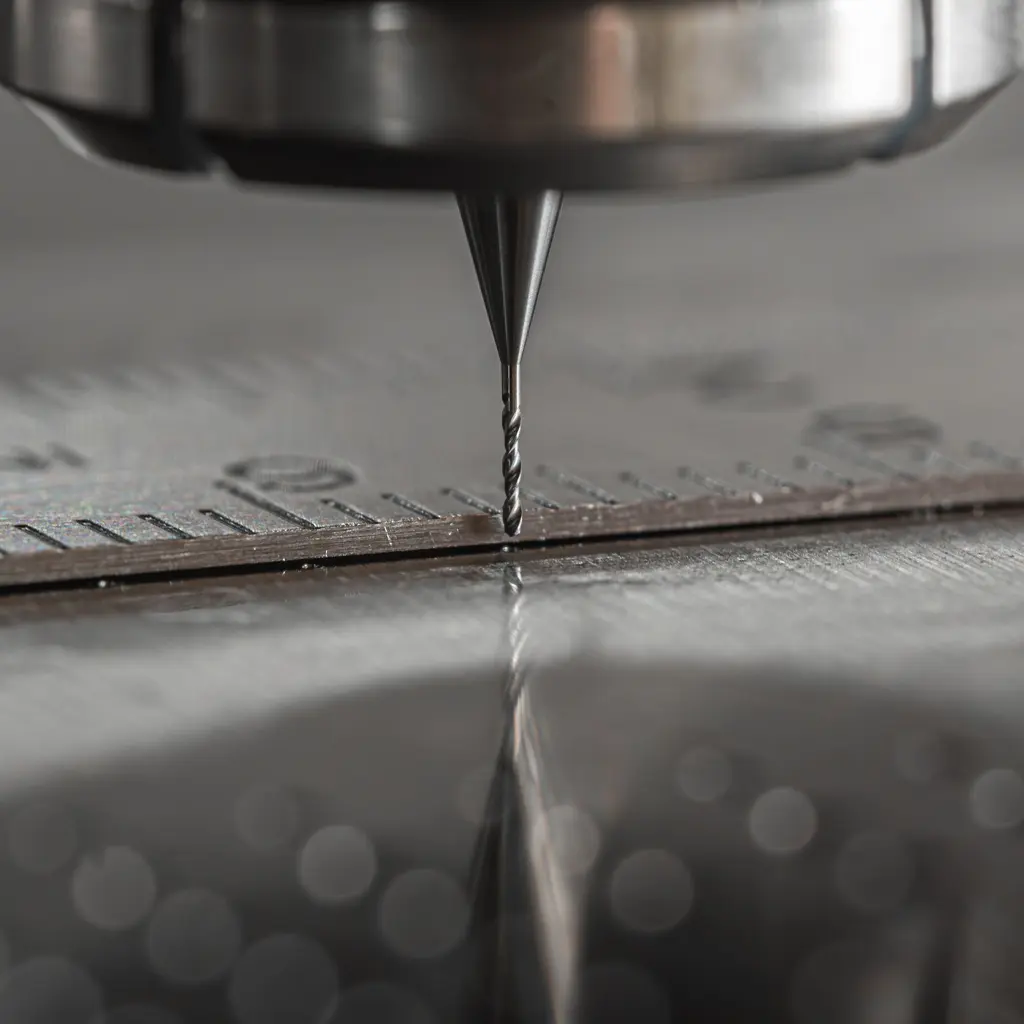 A CNC milling head is set over a metal work surface beside a measuring rule.