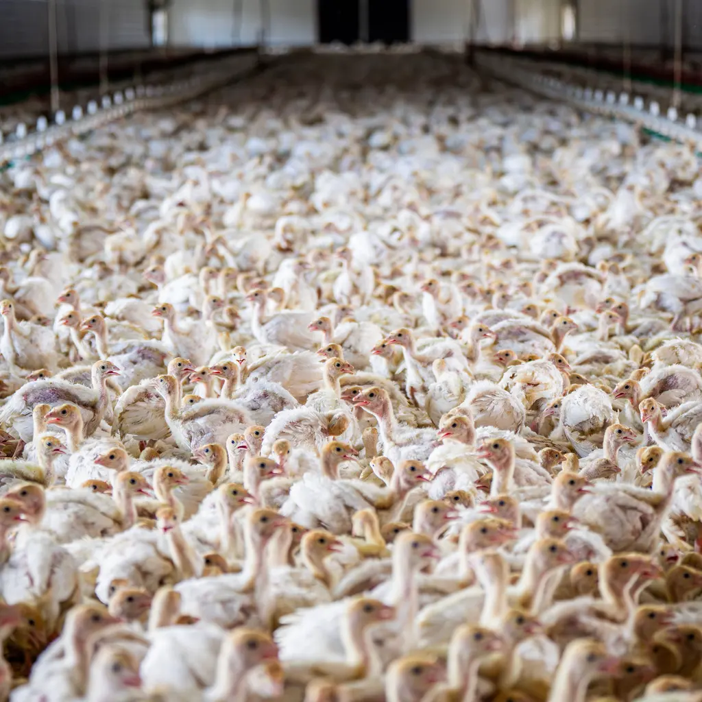 A flock of white turkeys inside a long poultry barn.