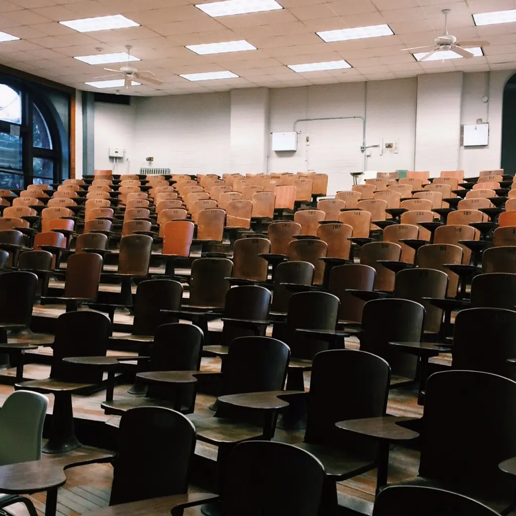 Rows of empty lecture-hall seats with attached writing arms.