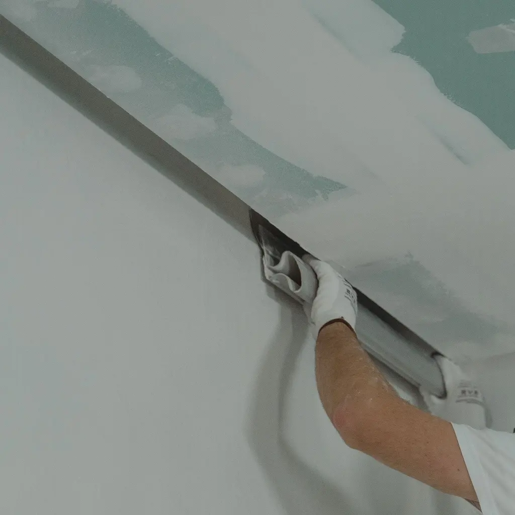 Gloved hands holding a long finishing tool along a wallboard ceiling joint.