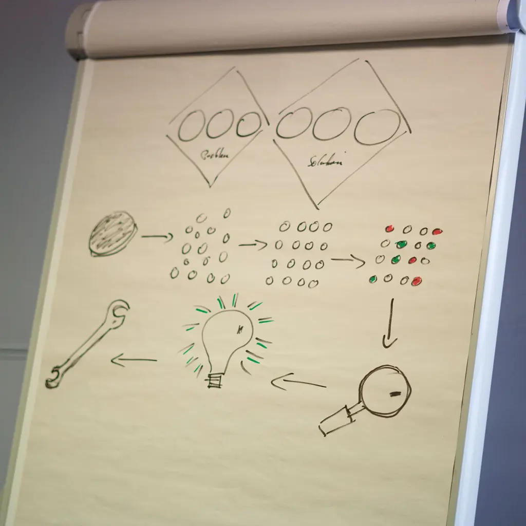 A hand-drawn planning and problem-solving flowchart on a flipchart.