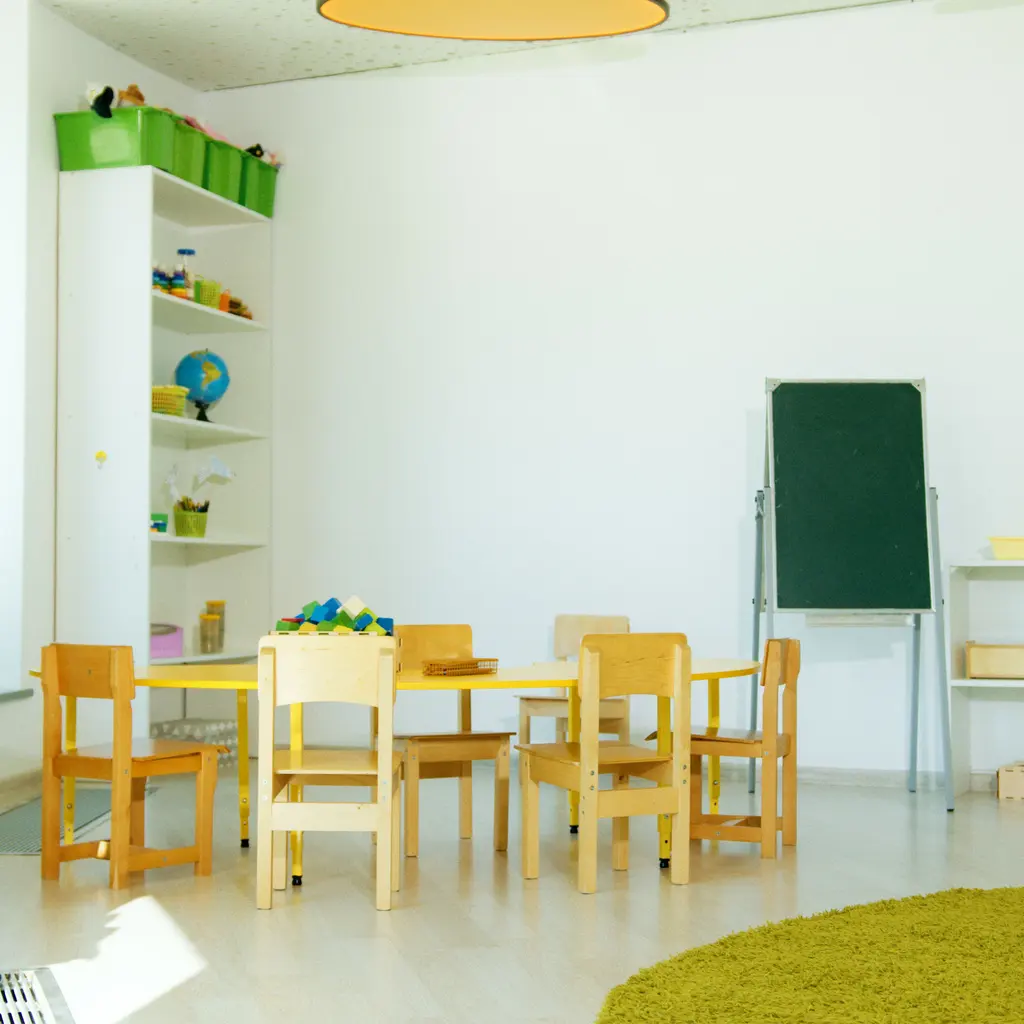 An empty children's activity room with small tables, chairs and a chalkboard.