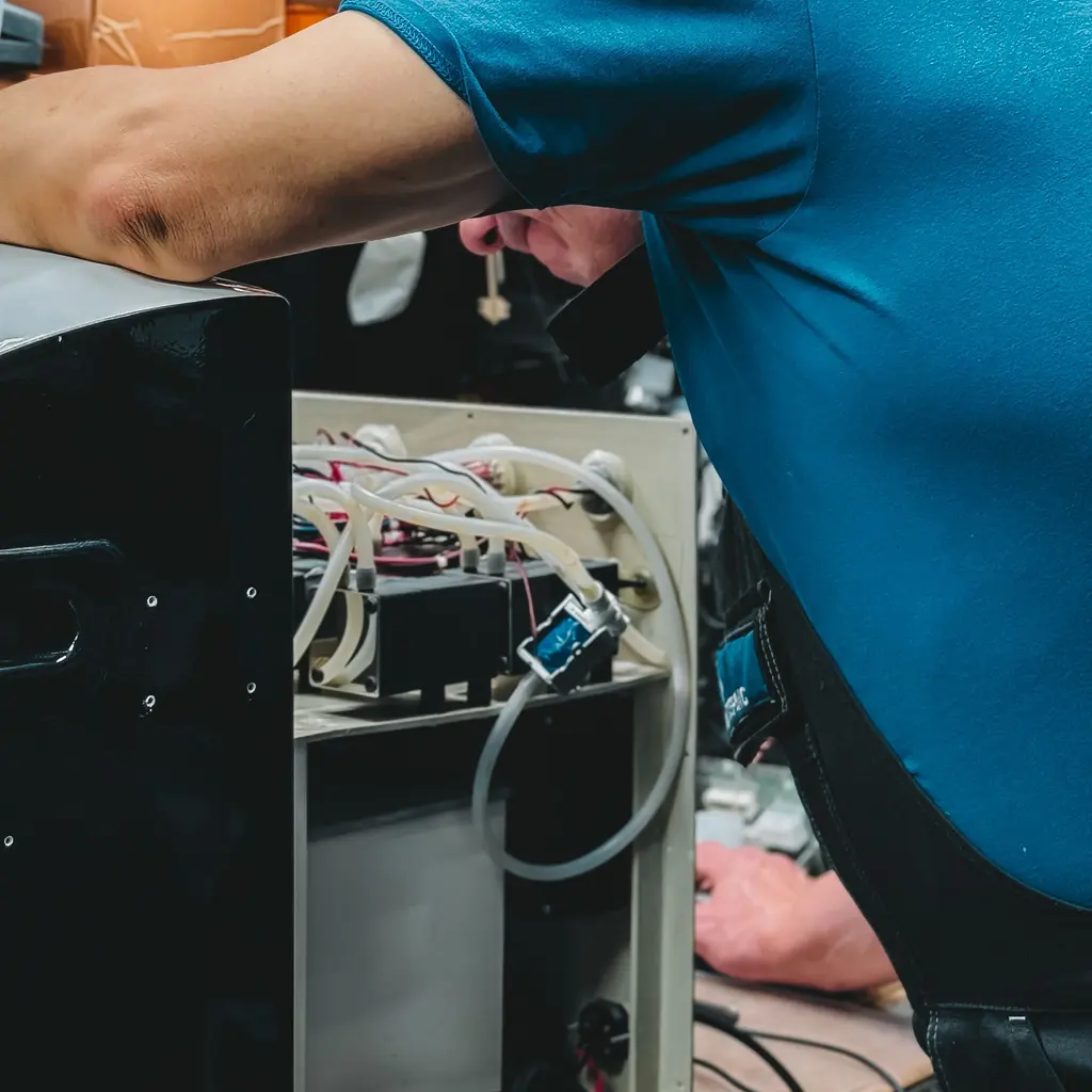 A technician working inside an opened appliance with exposed hoses and wiring.