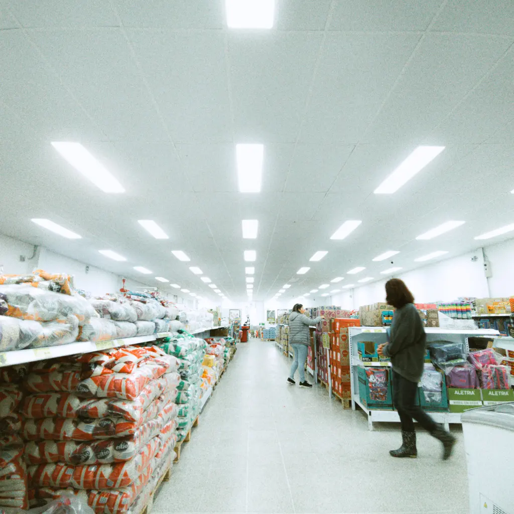 A shopping cart and shoppers along a broad aisle of household goods.