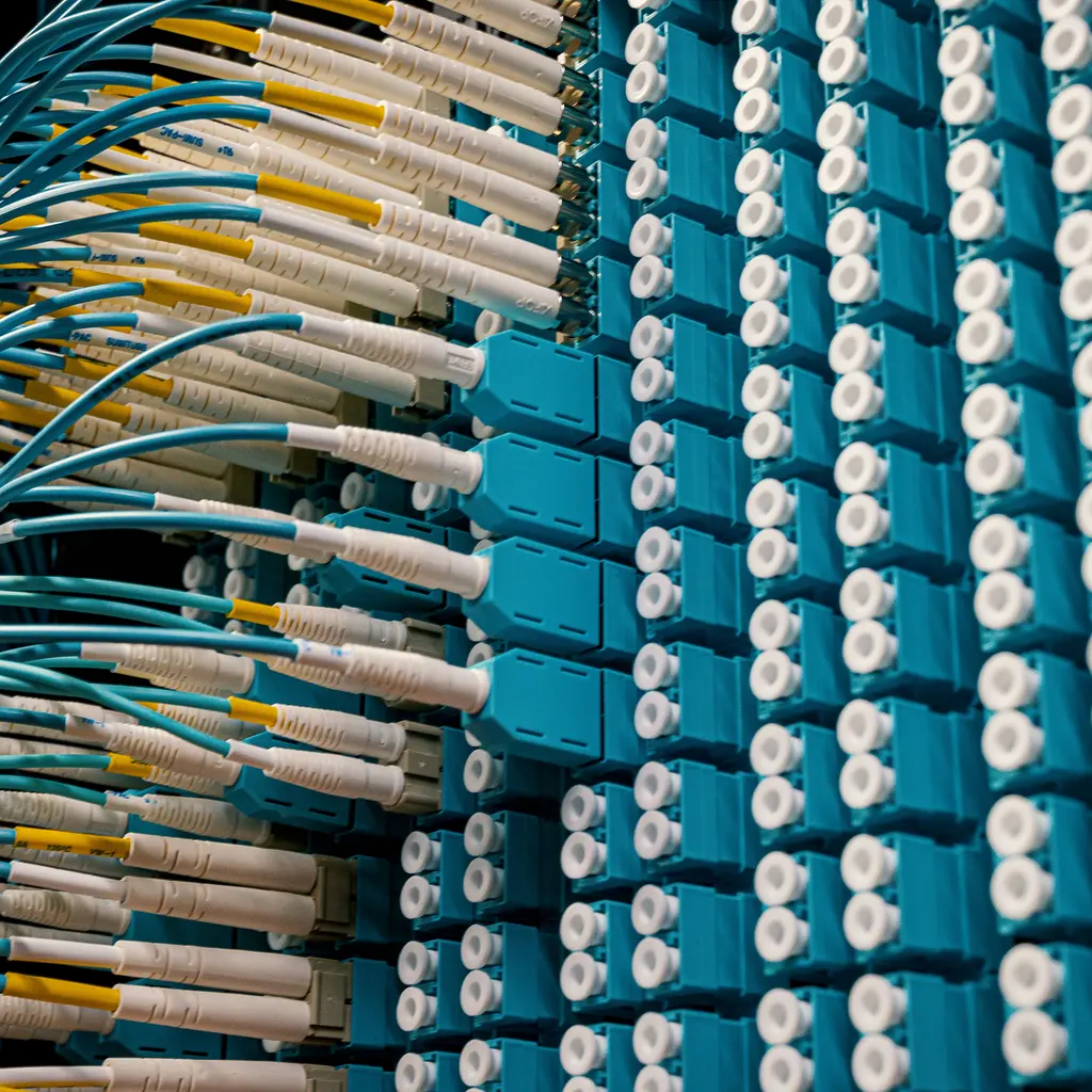 Fiber-optic cables connected to a patch panel.
