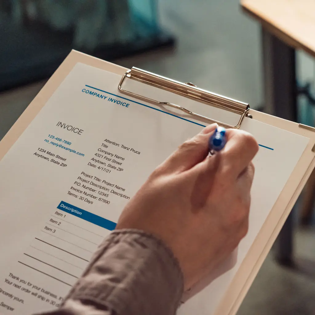 A company invoice being reviewed on a clipboard.