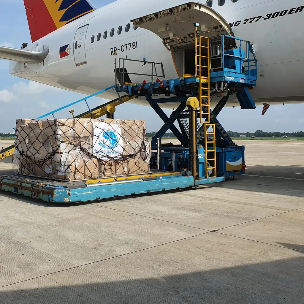 Palletized freight beside a cargo loader at an aircraft hold.