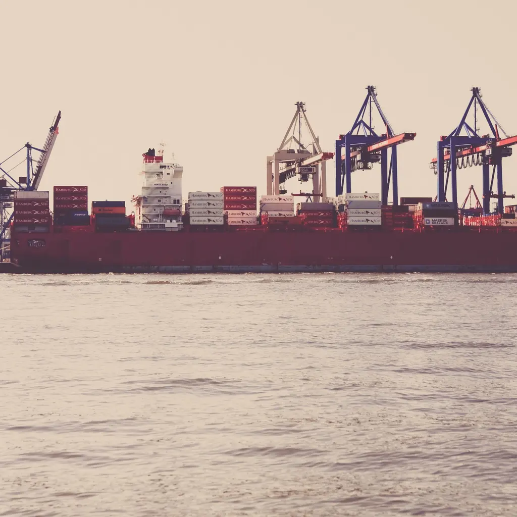 A container ship alongside loading cranes at a cargo terminal.