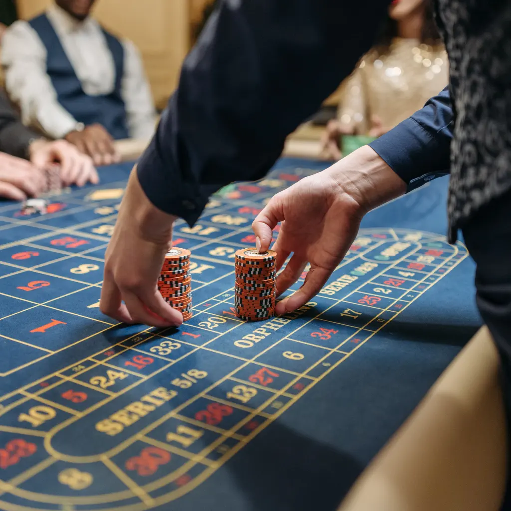 Hands placing stacks of chips on a casino roulette betting table.
