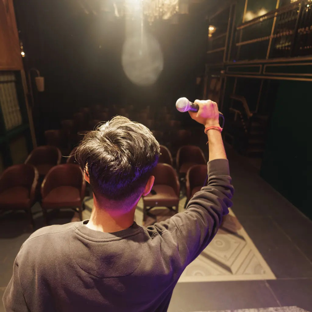 A performer holding a microphone on a small stage facing empty audience seats.