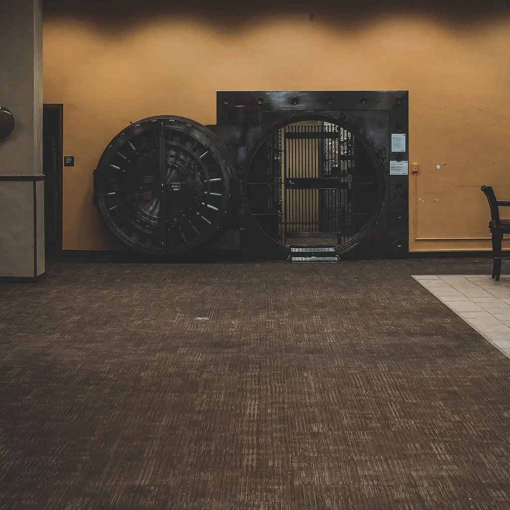 An open circular vault door inside a banking interior.