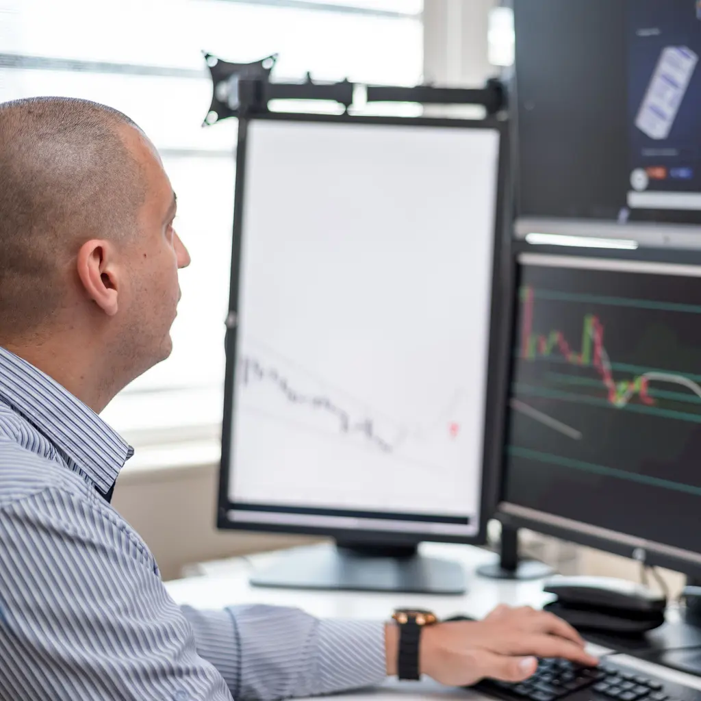 A person reviewing financial-market charts across several monitors.