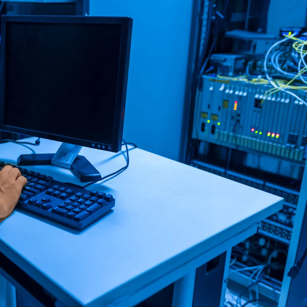 Hands at a keyboard beside racks of network equipment.