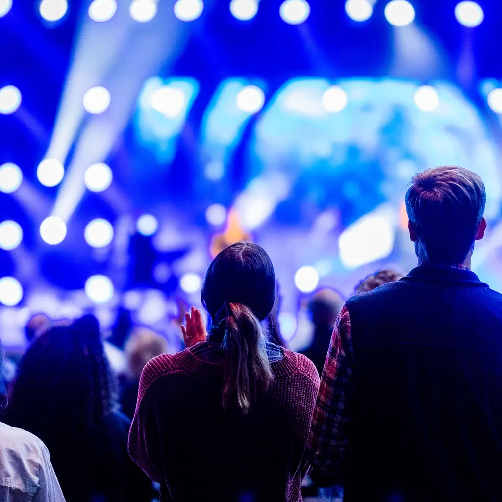 Audience members facing a brightly lit live-concert stage.