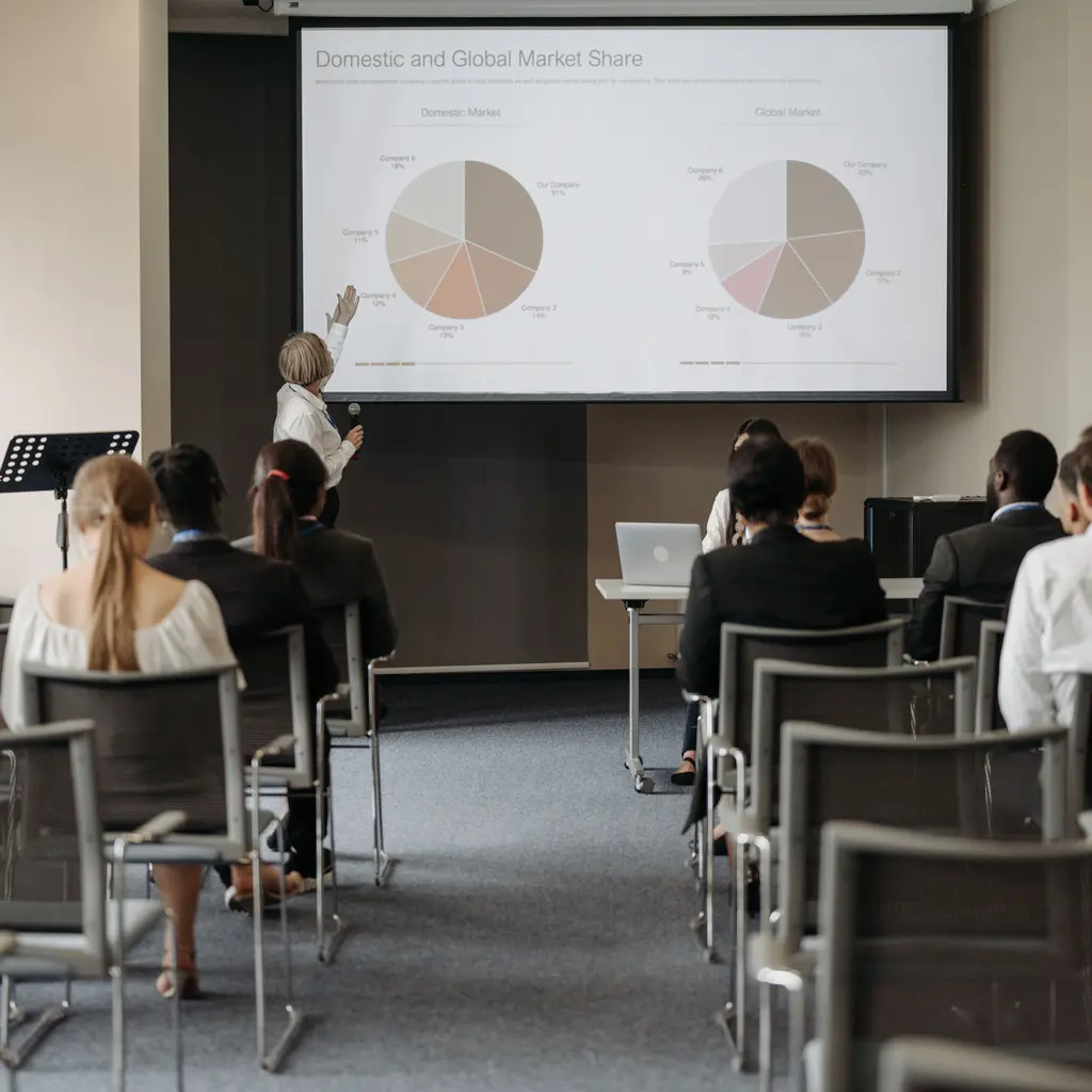 Attendees seated for a business presentation in a conference room.