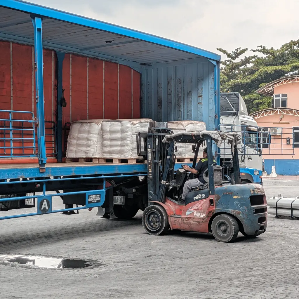 A forklift handling a pallet beside an open curtain-sided freight truck.