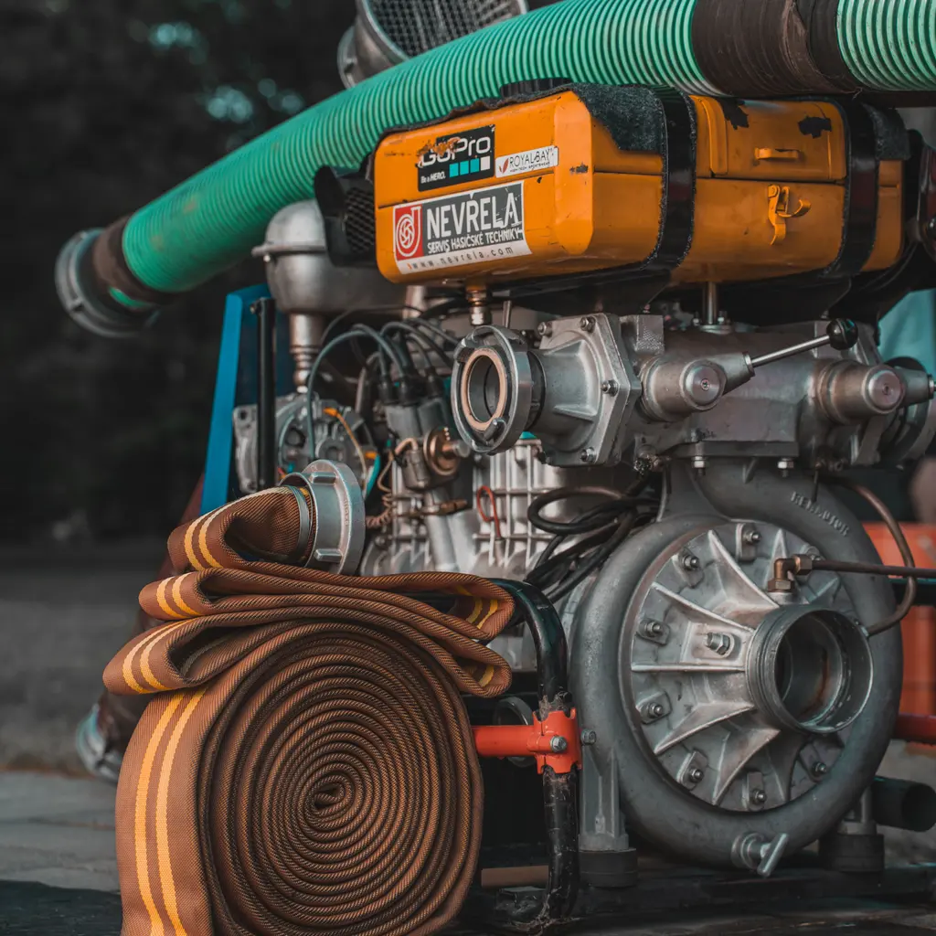 A portable water pump with reinforced suction hose and coiled discharge hose.