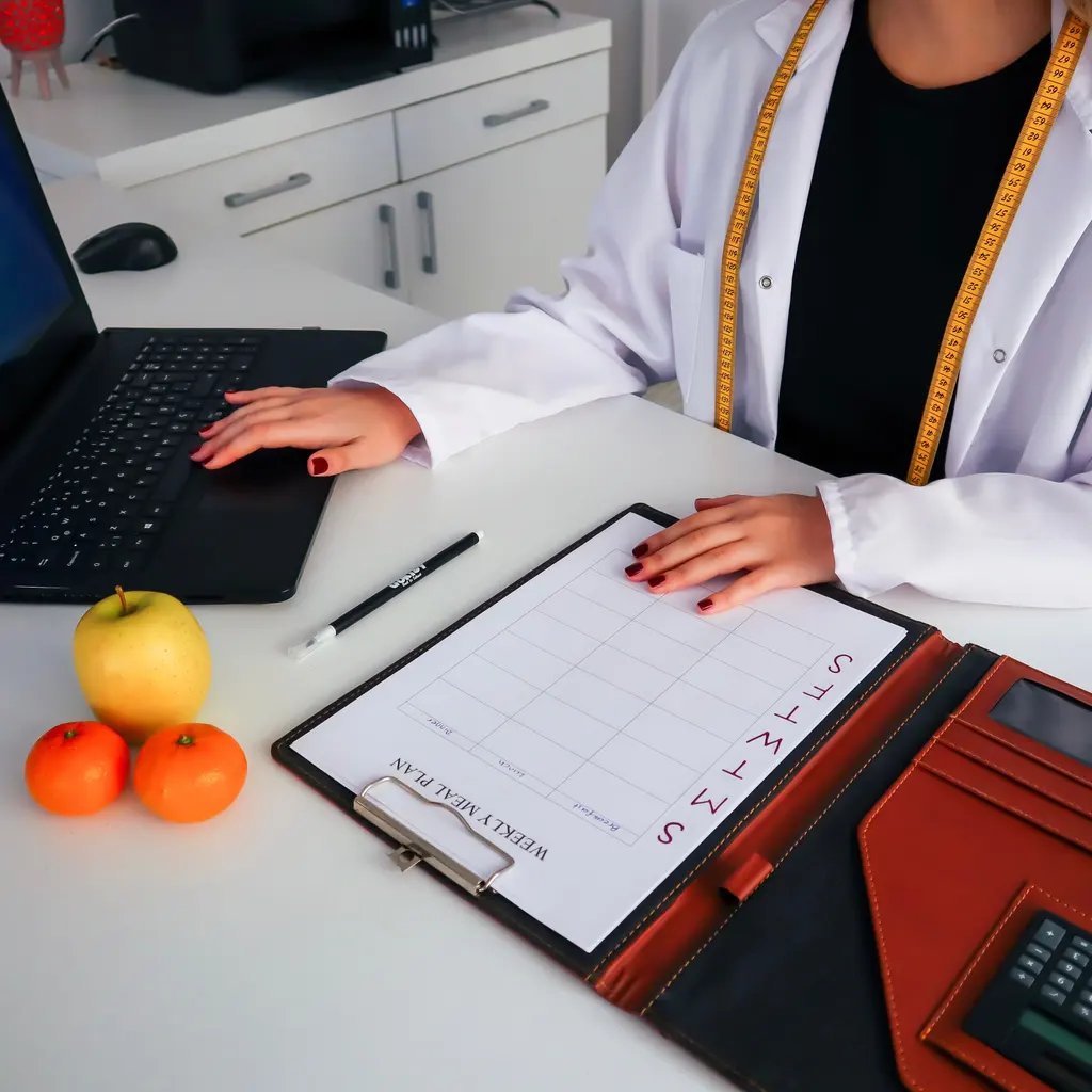 A nutrition professional working at a laptop beside fruit, a measuring tape and a meal-planning sheet.