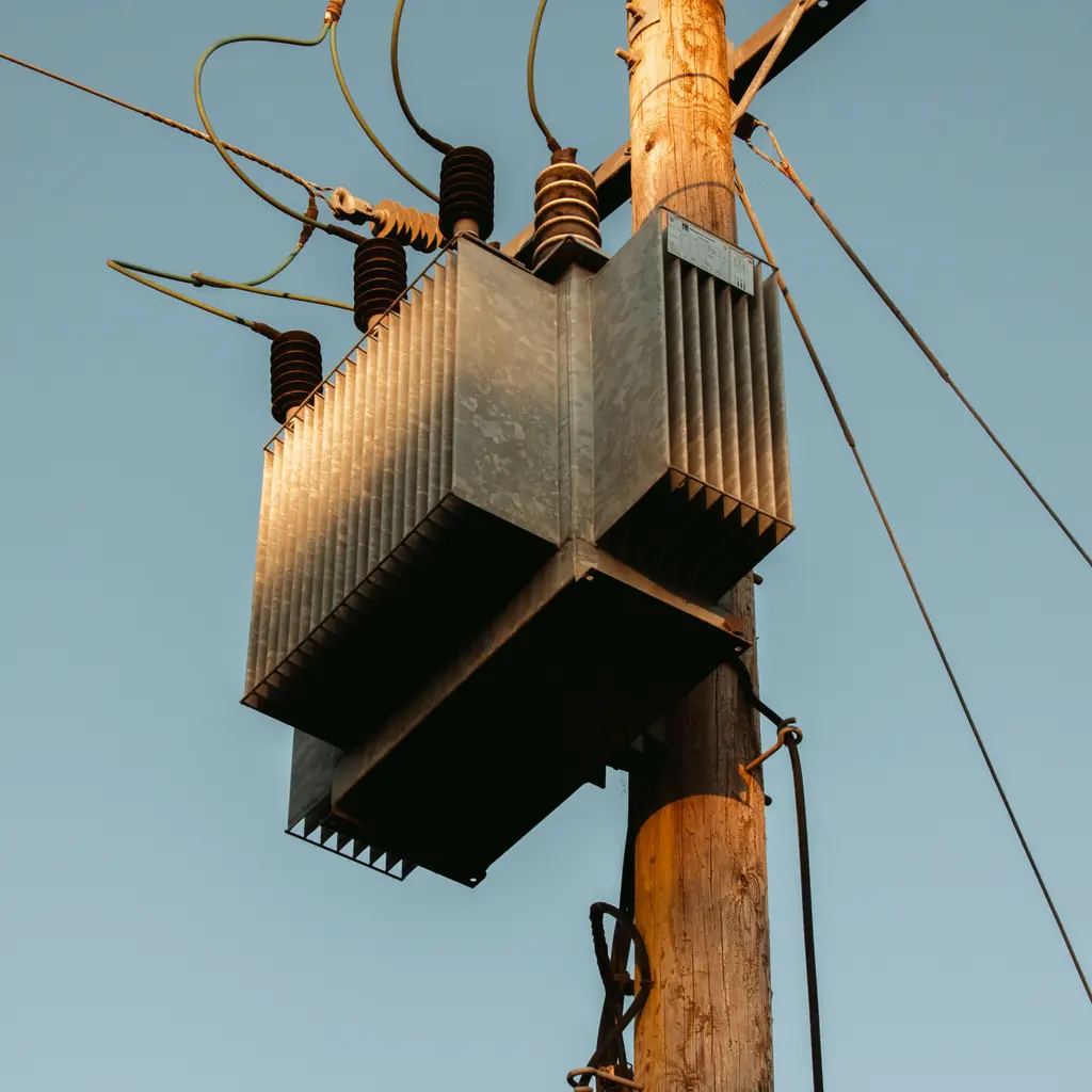 A pole-mounted distribution transformer and overhead electrical lines.