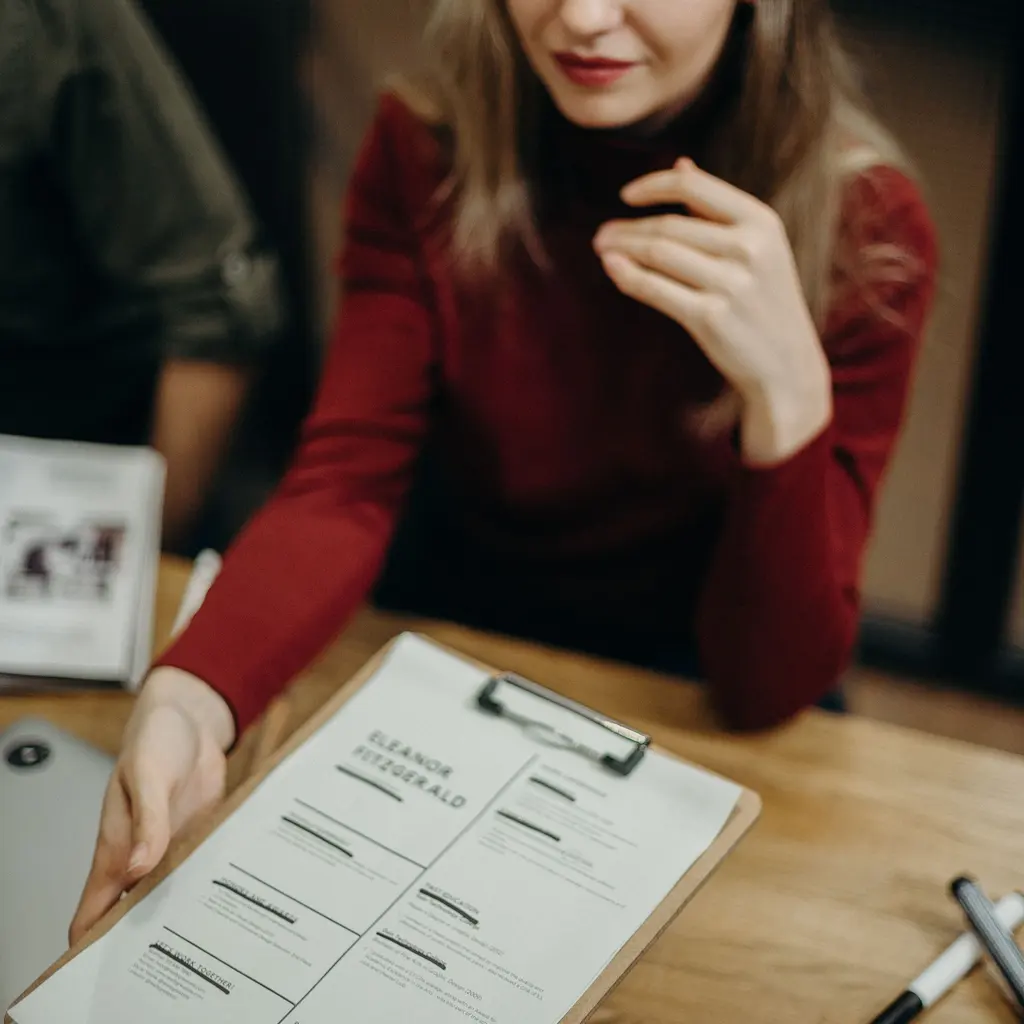 An interviewer reviewing a résumé on a clipboard.