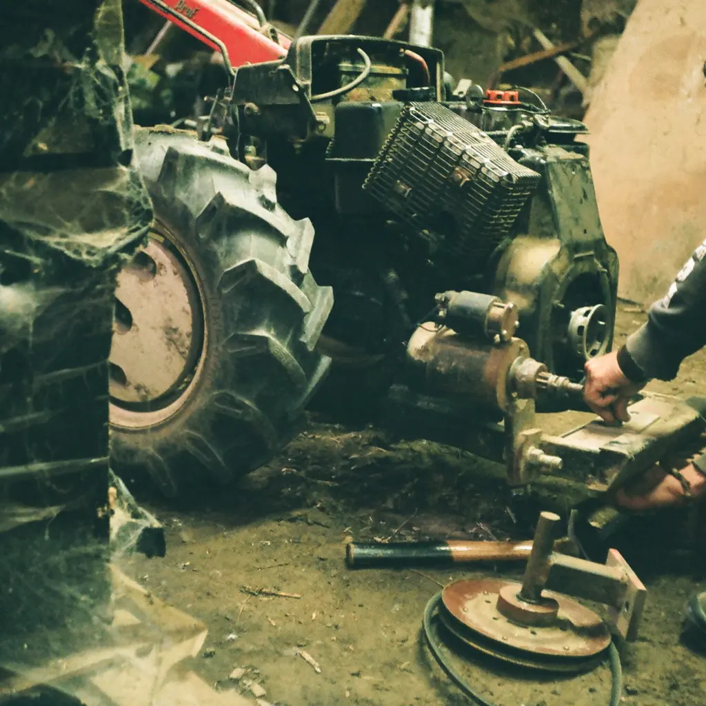 A mechanic working beside an exposed tractor engine in a workshop.