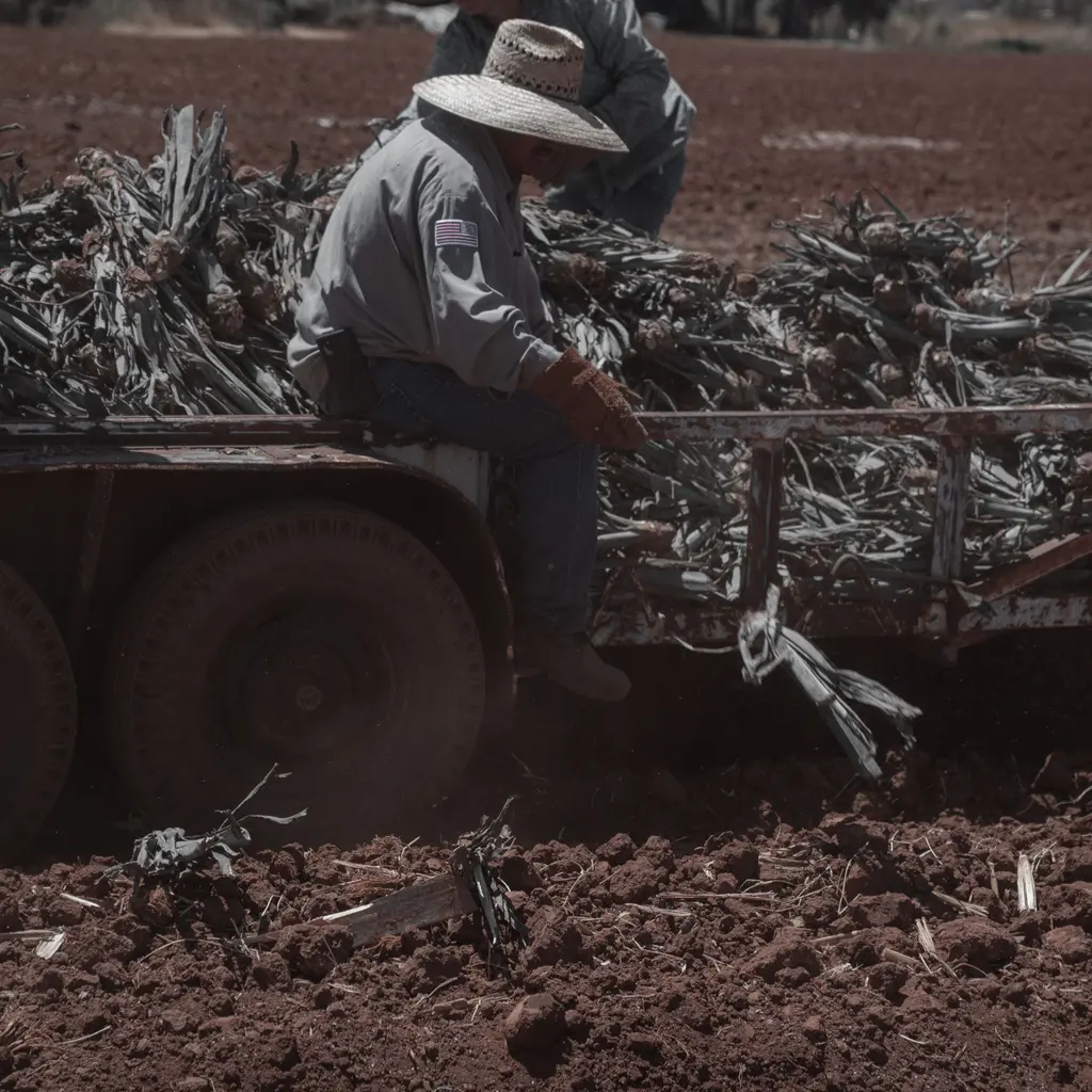 A farm worker gathering cut crops beside a cart in a field.