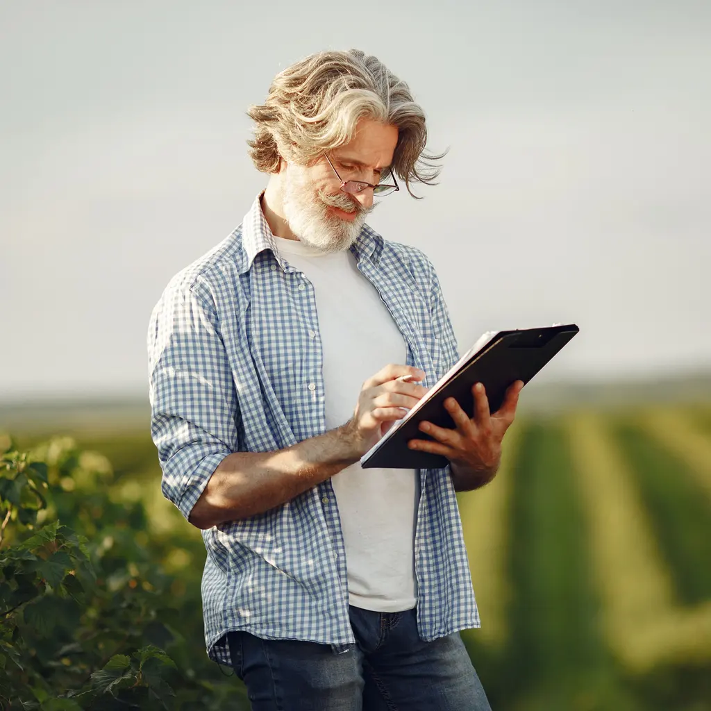 A person making field notes beside rows of crops.